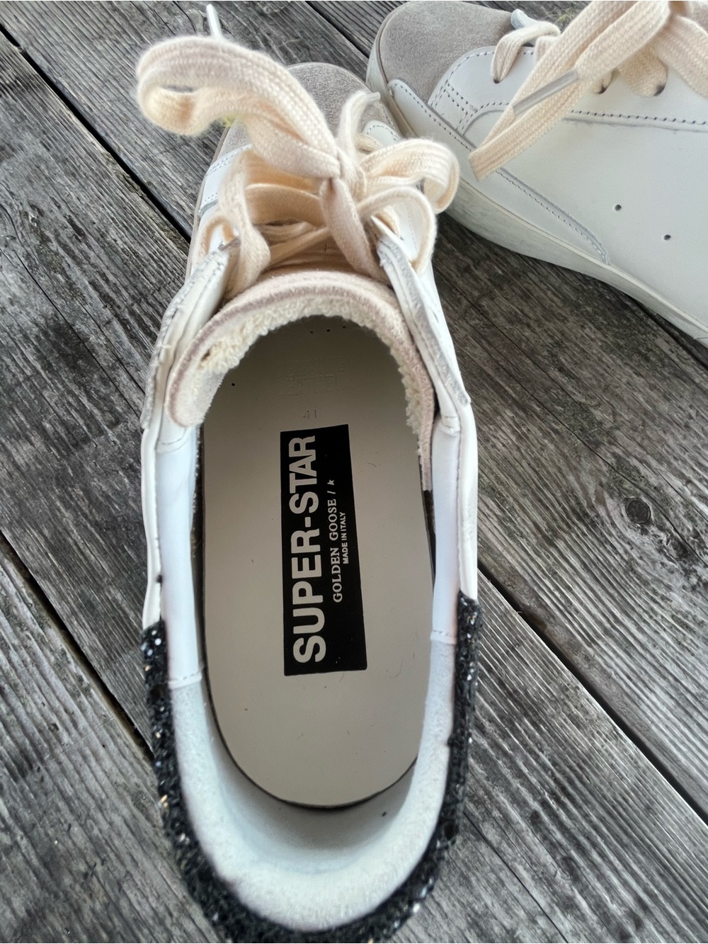 Golden Goose Cream Sneakers with Pink Glitter Star and Black Heel 10 - Picture 4 of 10